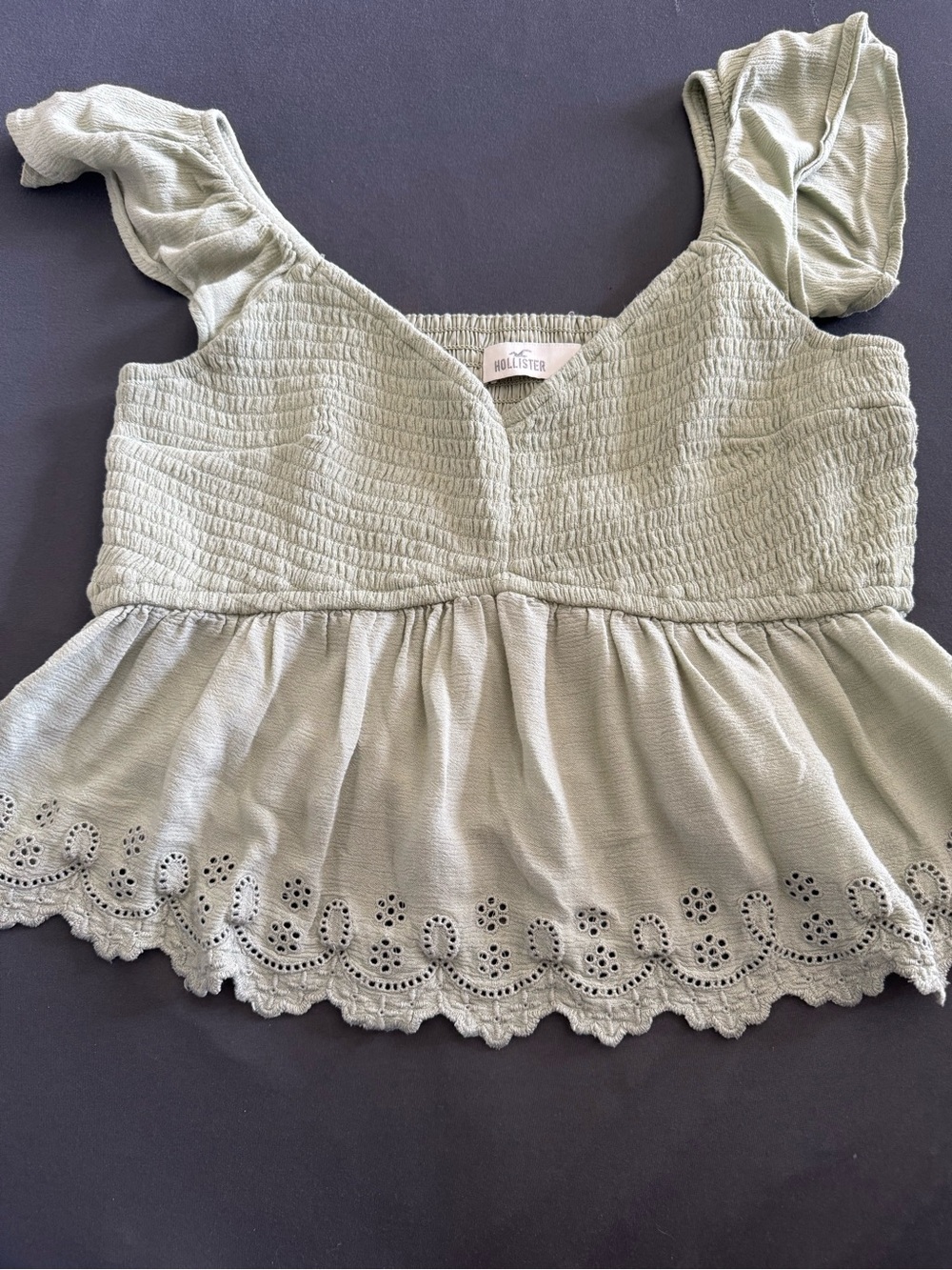 Hollister Sage Green Smocked Eyelet Babydoll Tank Top Medium